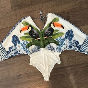 FARM Rio Toucan Bodysuit Top with beaded tassels